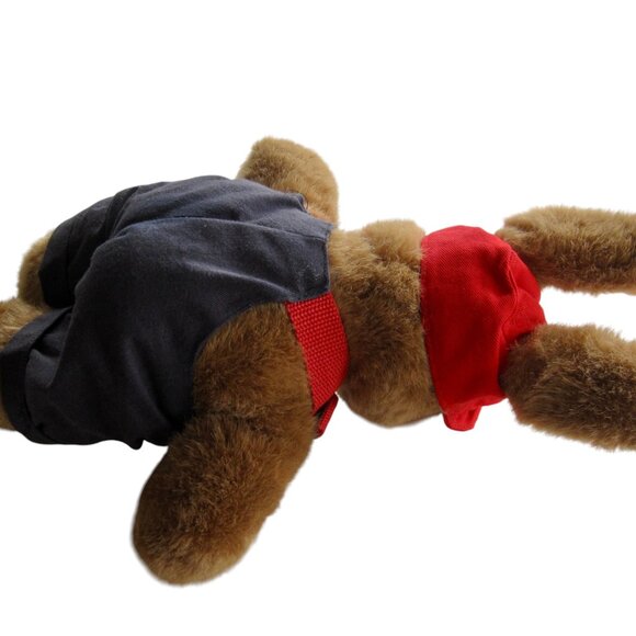 Vintage 1986 Manhattan Toy Plush Brown Bunny Rabbit w Overalls & Red Visor - Picture 4 of 7